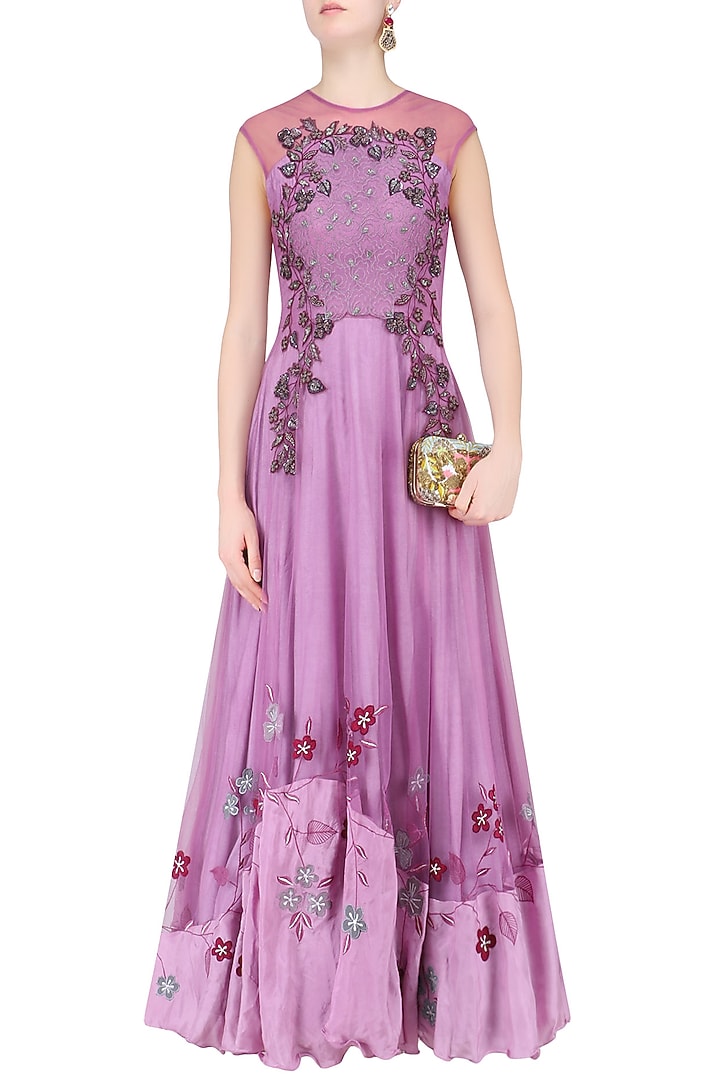 Purple floral embroidered flared gown available only at Pernia's Pop Up Shop.