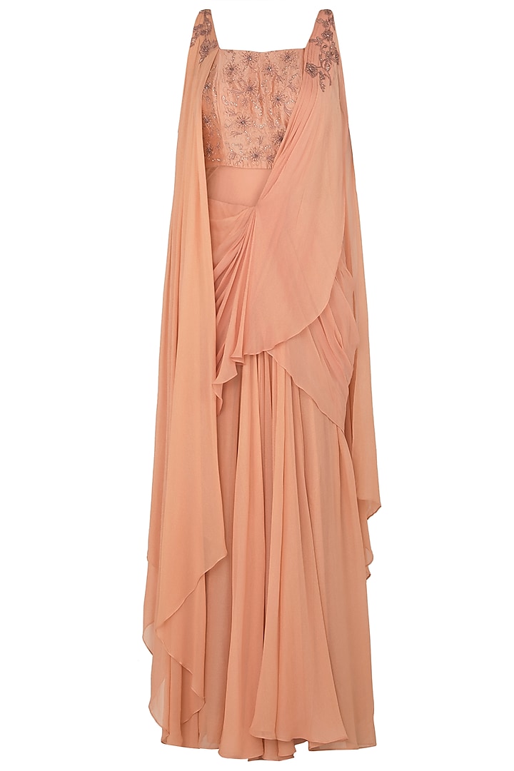 Dusty peach draped sari gown with matching peach blouse available only at Pernia's Pop Up Shop.