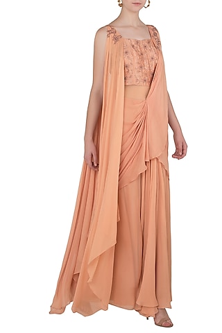 Dusty Peach Draped Sari Gown with Matching Peach Blouse by K-ANSHIKA Jaipur
