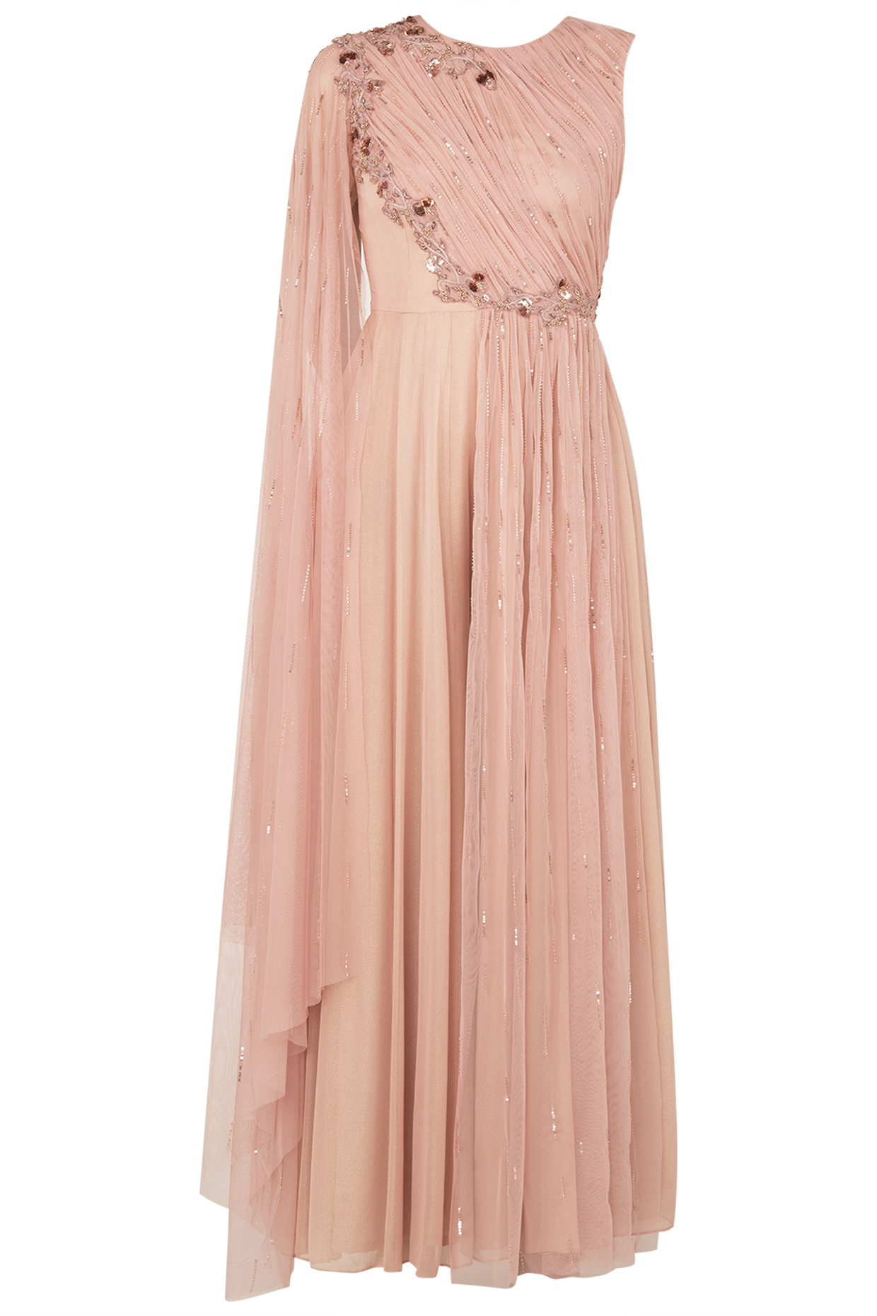 Peach one sided draped net jump suit available only at Pernia's Pop Up Shop.