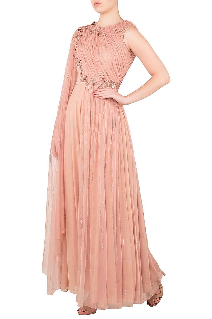 Peach one sided draped net jump suit available only at Pernia's Pop Up Shop.