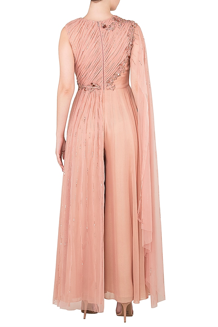 Peach one sided draped net jump suit available only at Pernia's Pop Up Shop.
