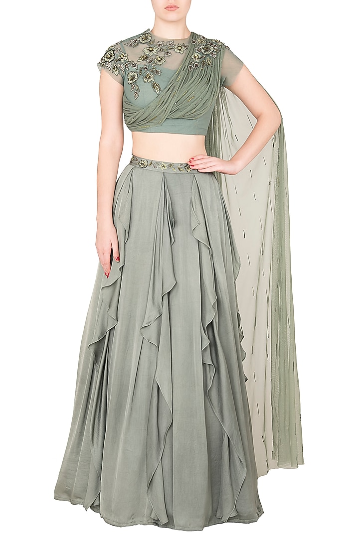 Moss green ruffled skirt with one sided gathered blouse available only at Pernia's Pop Up Shop.