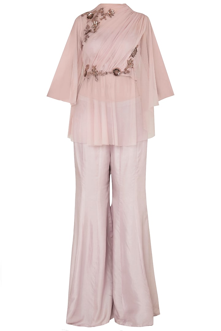 Onion Pink Net Draped Top with Flared Pants by K-ANSHIKA Jaipur