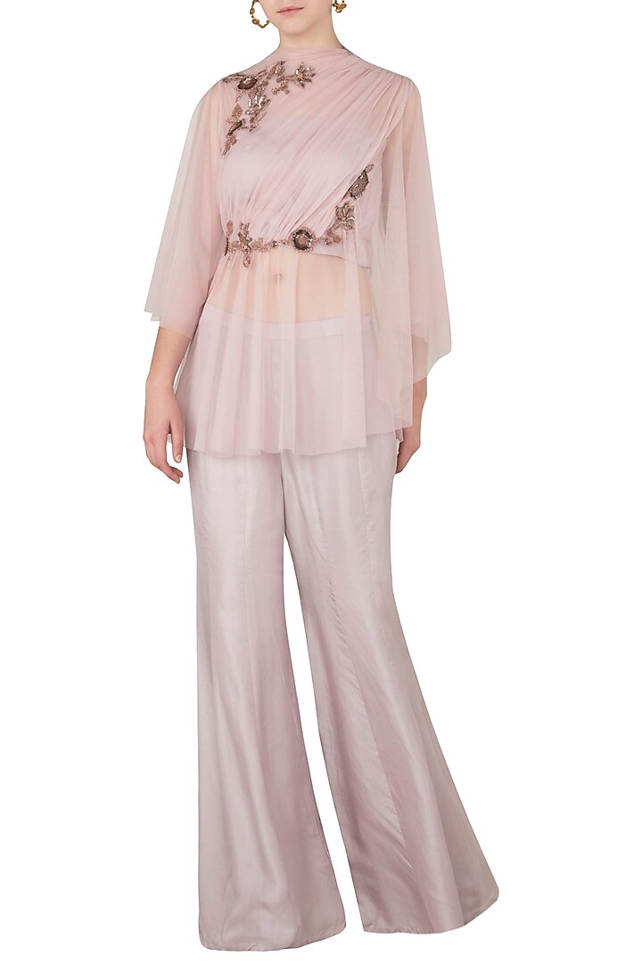 Onion pink net draped top with flared pants available only at Pernia's Pop Up Shop.
