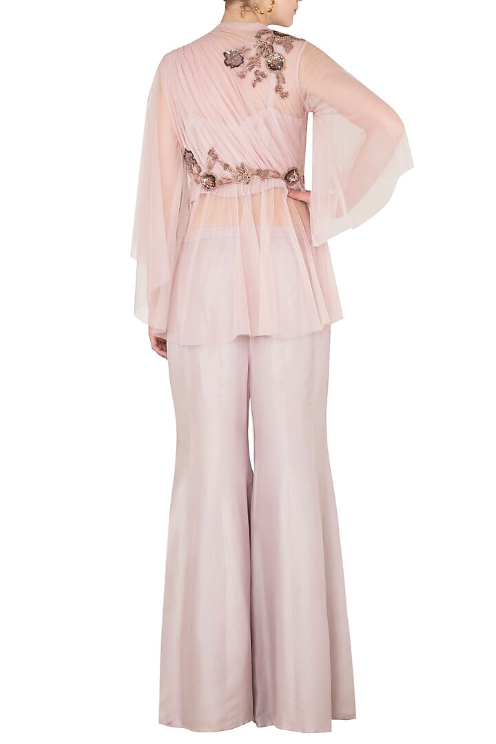 Onion pink net draped top with flared pants available only at Pernia's Pop Up Shop.