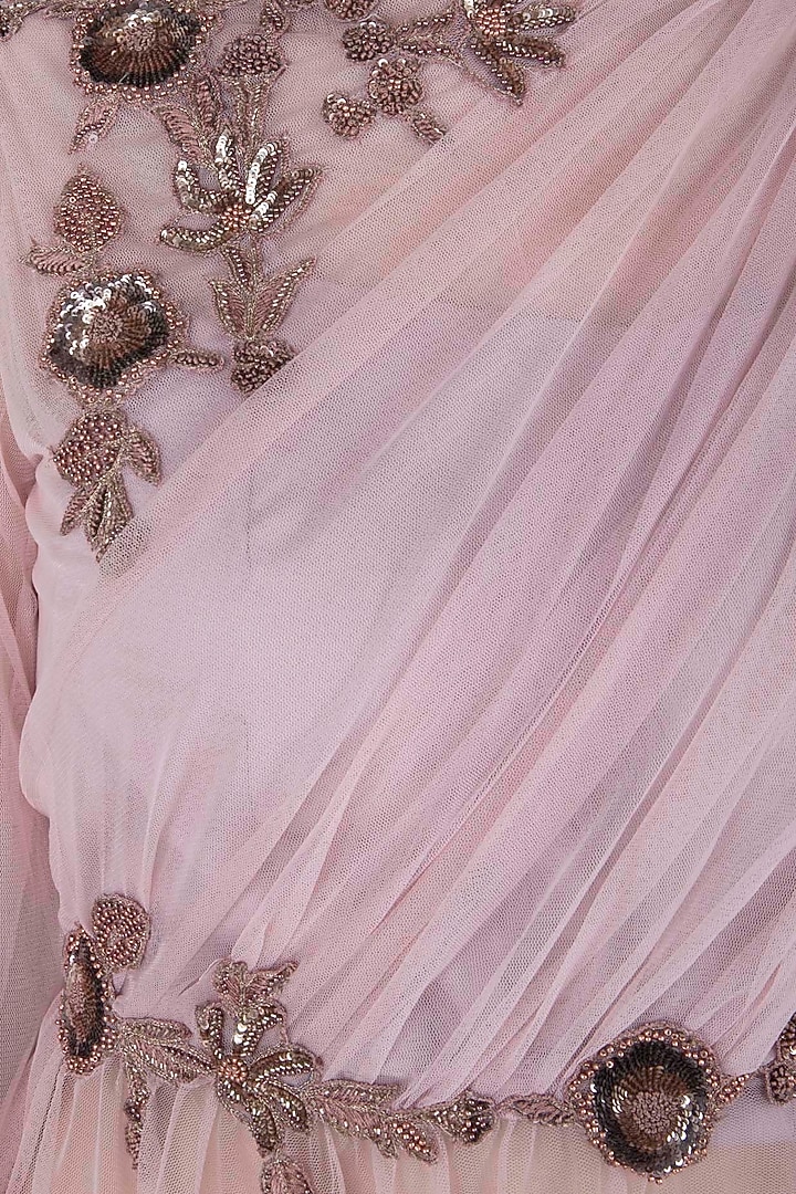 Onion pink net draped top with flared pants available only at Pernia's Pop Up Shop.