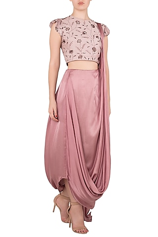 Mauve Satin Cowl Saree Set by K-ANSHIKA Jaipur
