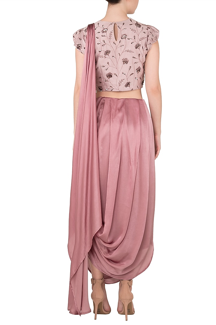 Mauve satin cowl sari set available only at Pernia's Pop Up Shop.