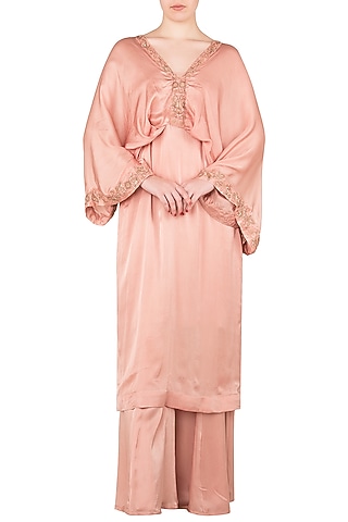 Dusty Peach Peplum Fitted Top and Flared Pants by K-ANSHIKA Jaipur