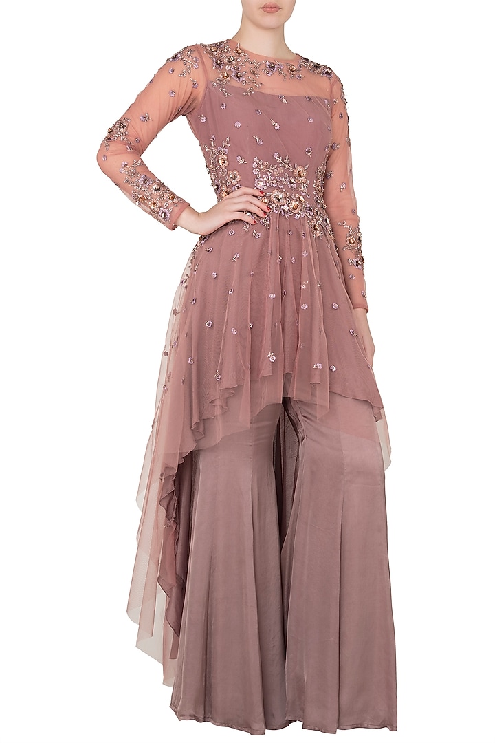 Dark mauv high low tunic sequinned peplum fitted top available