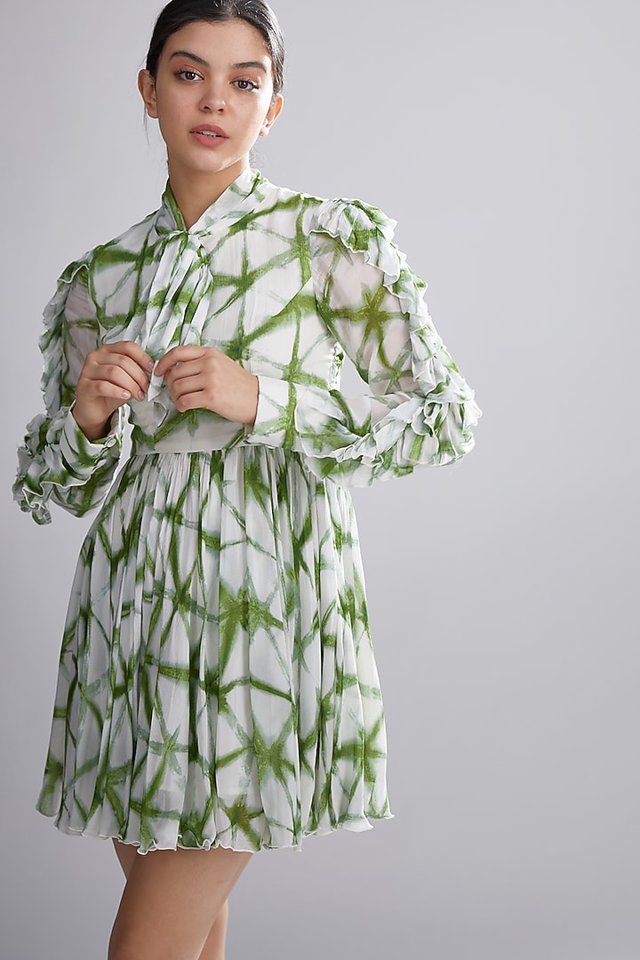 Cream & Green Frilled Mini Vacation Dress by Koai at Pernia's Pop Up Shop