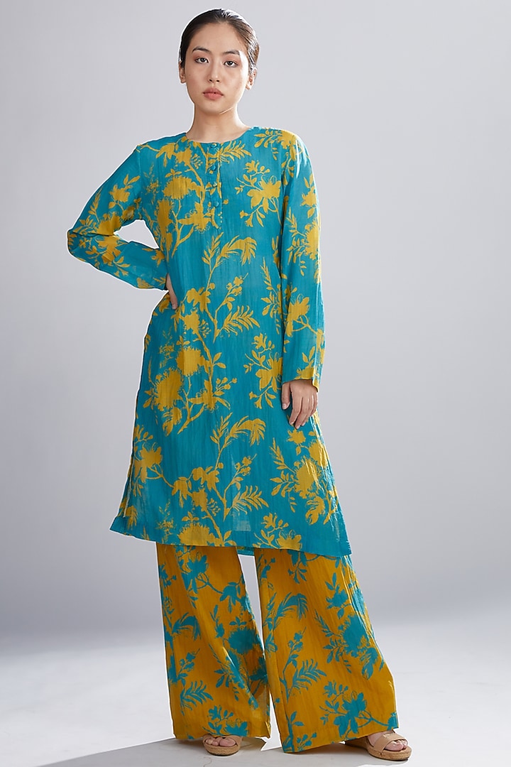 Sky Blue & Mustard Printed Kurta by Koai at Pernia's Pop Up Shop