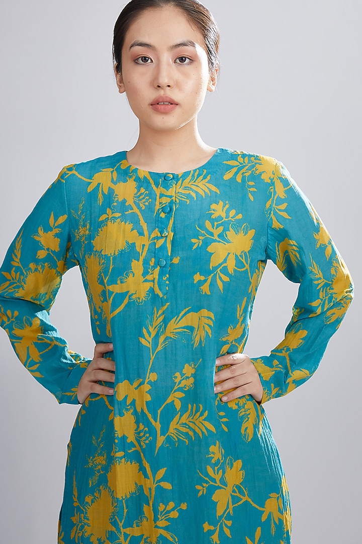 Sky Blue & Mustard Printed Kurta by Koai at Pernia's Pop Up Shop