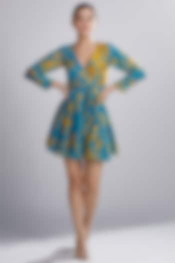 Sky Blue & Mustard Printed Wrap Mini Dress by Koai