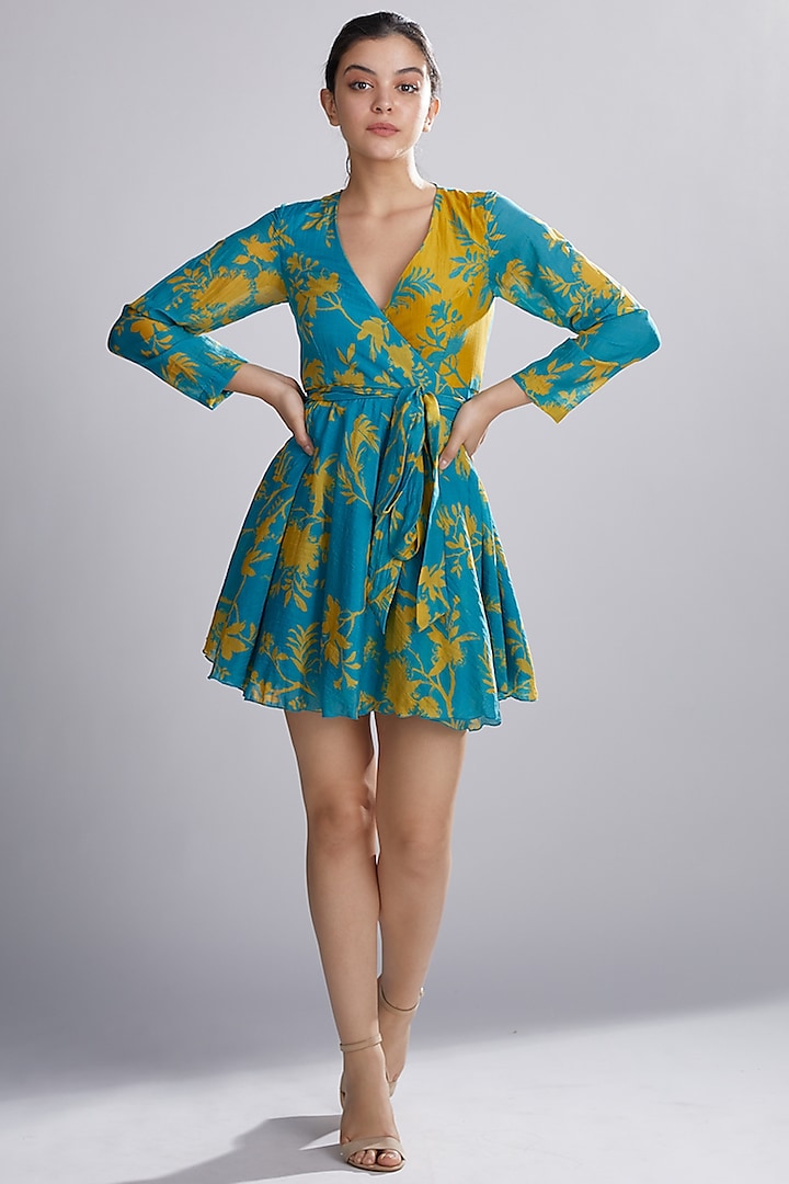 Sky Blue & Mustard Printed Wrap Mini Dress by Koai at Pernia's Pop Up Shop