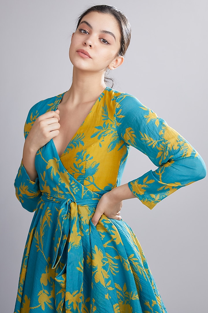 Pernia's Pop Up Shop - Koai Women Sky Blue & Mustard Printed Wrap Mini Dress
