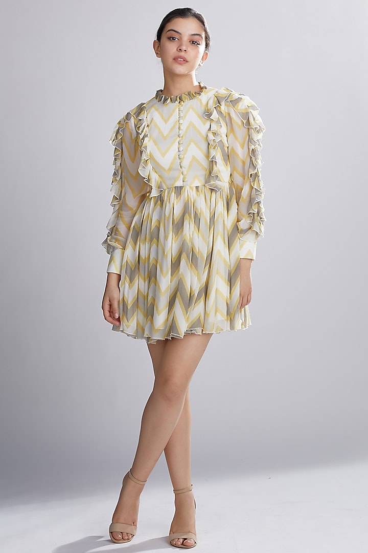 Cream, Yellow, & Grey Frilled Midi Dress by Koai at Pernia's Pop Up Shop