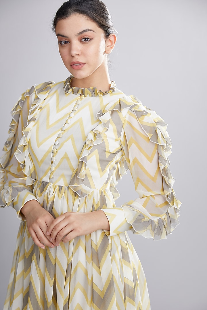 Cream, Yellow, & Grey Frilled Midi Vacation Dress by Koai at Pernia's Pop Up Shop