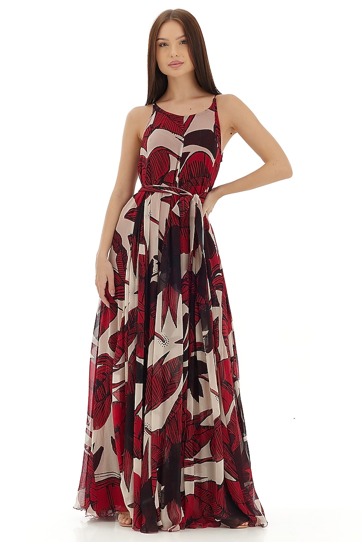 Off-White & Red Chiffon Floral Maxi Dress by Koai