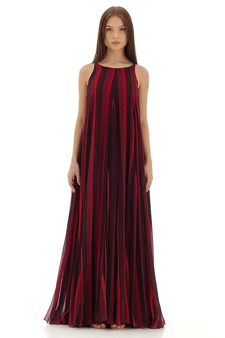 Red & Black Chiffon Striped Maxi Dress by Koai