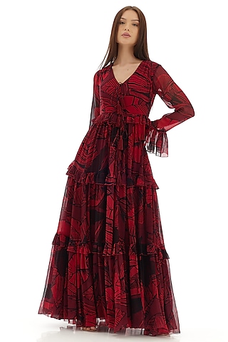 Hot Pink Chiffon Floral Maxi Dress by Koai