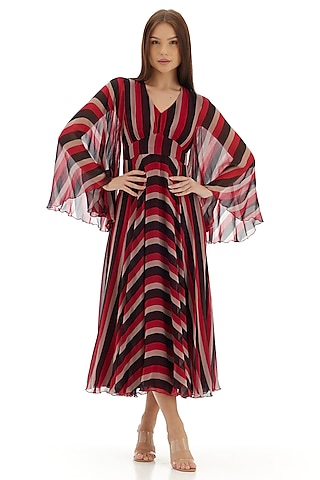 Multi-Colored Chiffon Striped Midi Dress by Koai