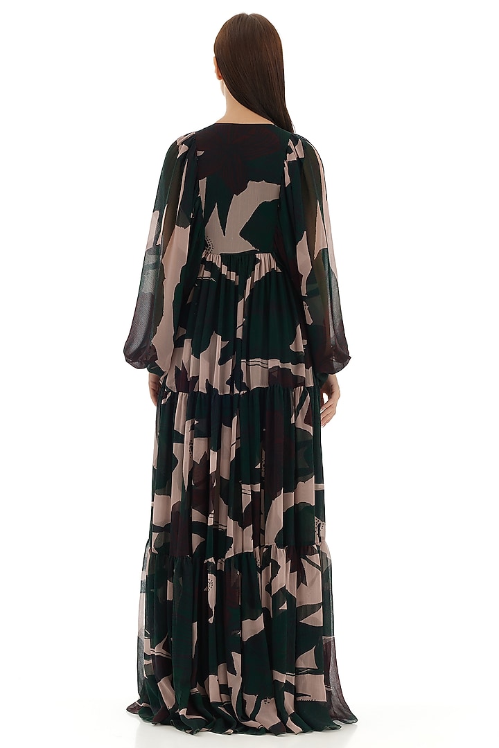 Dark Green & Beige Chiffon Floral Vacation Dress by Koai at Pernia's Pop Up Shop