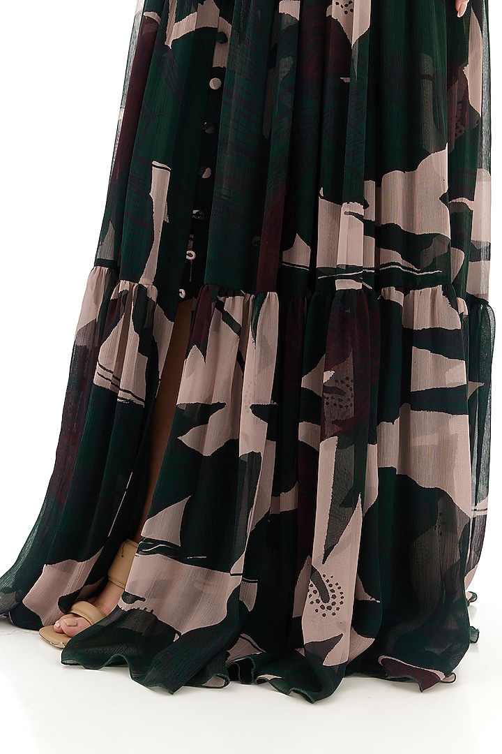 Dark Green & Beige Chiffon Floral Vacation Dress by Koai at Pernia's Pop Up Shop