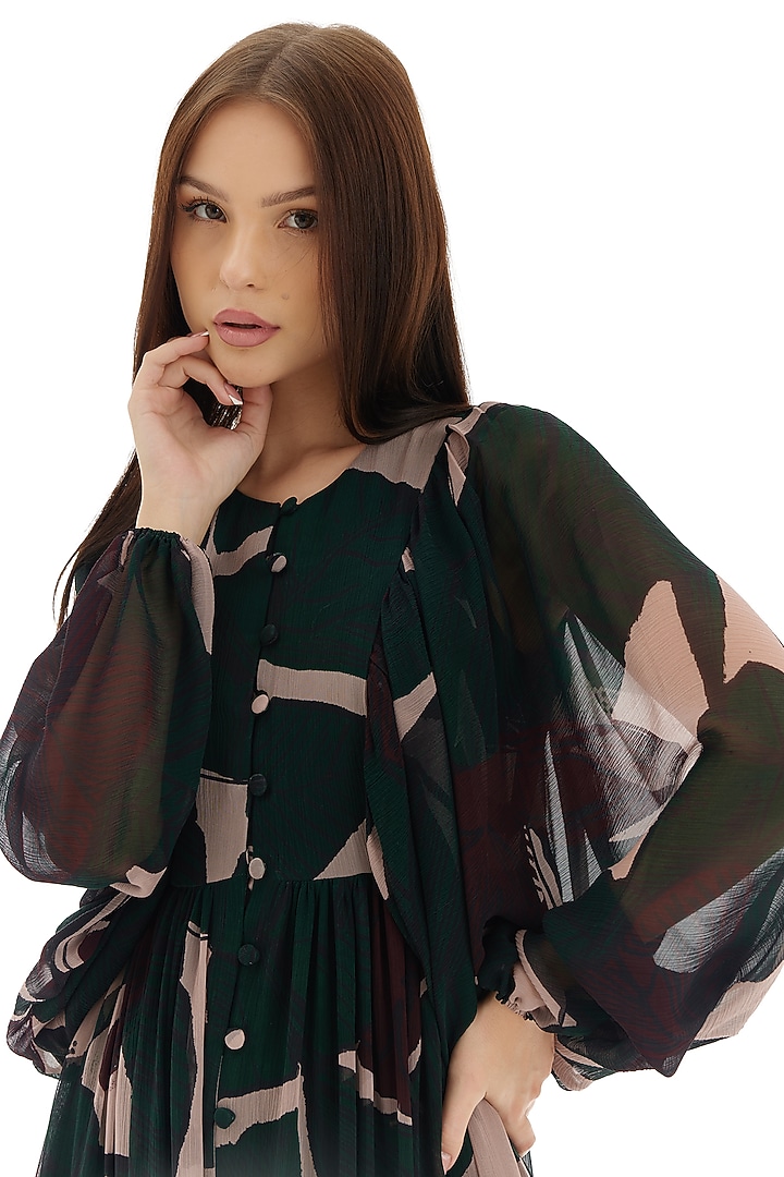Dark Green & Beige Chiffon Floral Vacation Dress by Koai at Pernia's Pop Up Shop