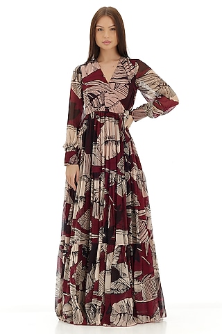 Brown & Off-White Chiffon Floral Wrap Dress by Koai