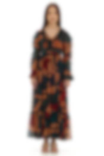 Beige & Dark Green Chiffon Floral Frill Maxi Dress by Koai
