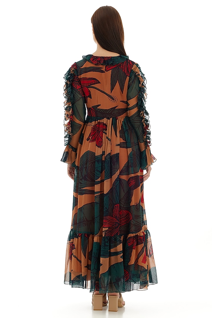 Beige & Dark Green Chiffon Floral Frill Maxi Vacation Dress by Koai at Pernia's Pop Up Shop