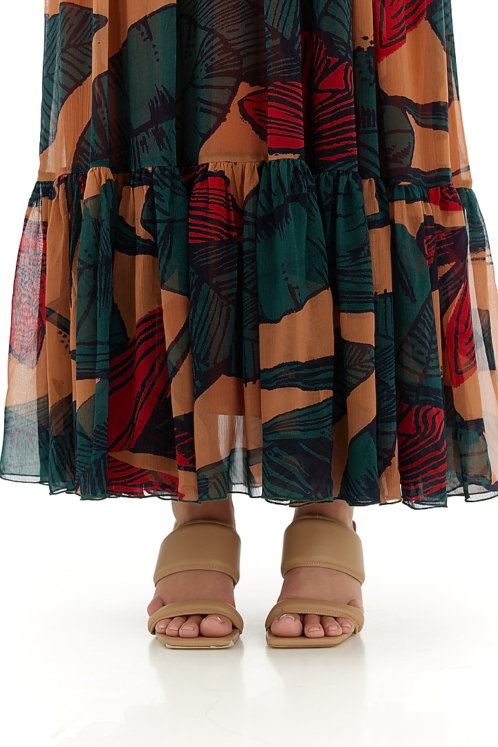 Beige & Dark Green Chiffon Floral Frill Maxi Vacation Dress by Koai at Pernia's Pop Up Shop