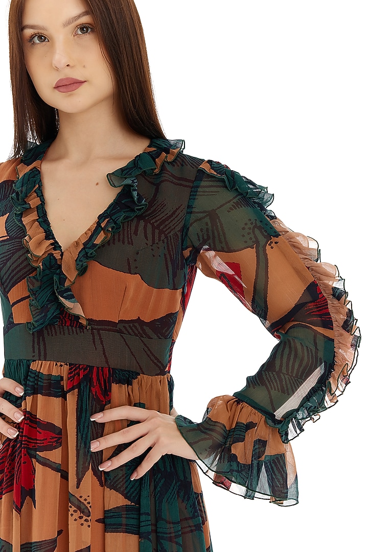 Beige & Dark Green Chiffon Floral Frill Maxi Vacation Dress by Koai at Pernia's Pop Up Shop