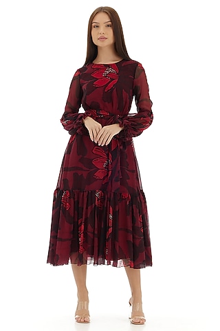 Dark Pink Chiffon Floral Midi Dress by Koai