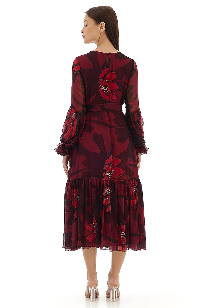 Dark Pink Chiffon Floral Midi Vacation Dress by Koai at Pernia's Pop Up Shop