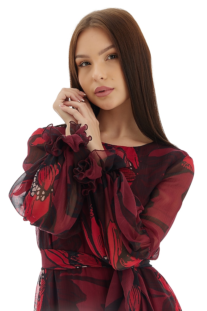 Dark Pink Chiffon Floral Midi Vacation Dress by Koai at Pernia's Pop Up Shop