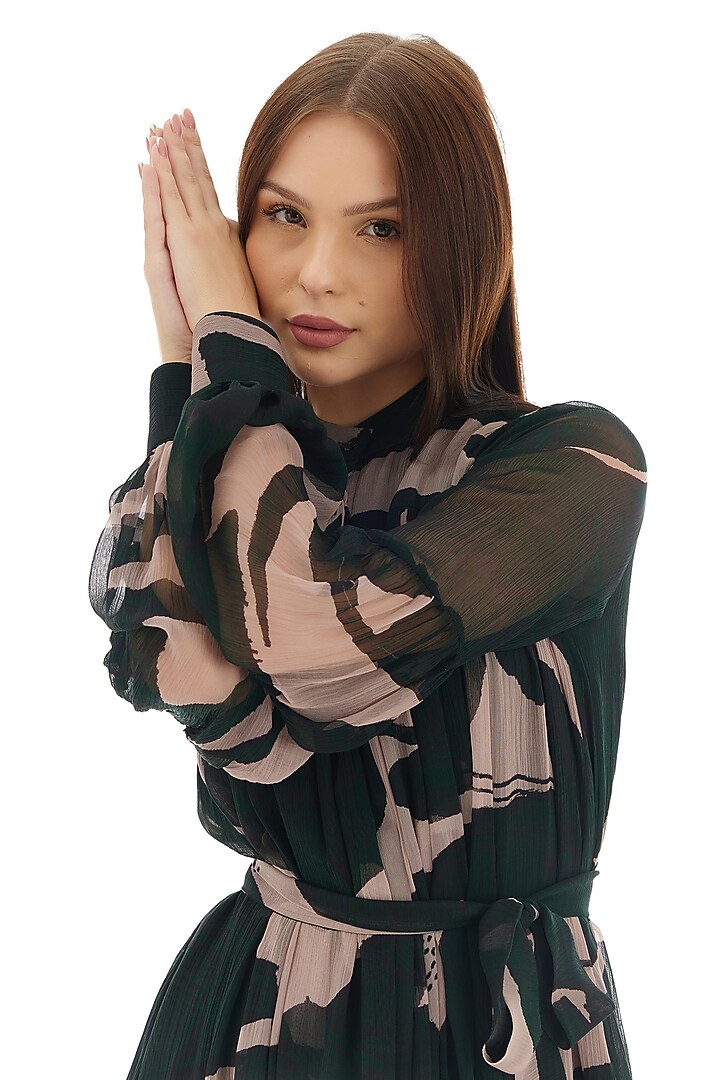 Dark Green & Off-White Chiffon Floral Summer Shirt Dress by Koai at Pernia's Pop Up Shop
