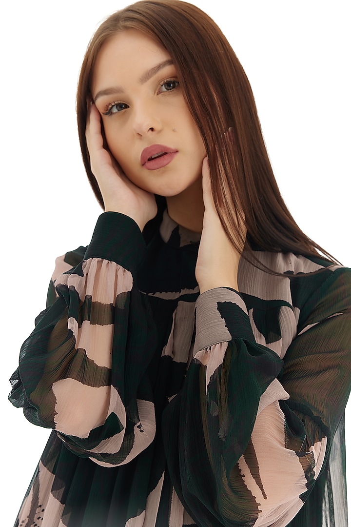 Dark Green & Off-White Chiffon Floral Summer Shirt Dress by Koai at Pernia's Pop Up Shop