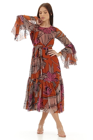Orange & Beige Chiffon Floral Midi Dress by Koai