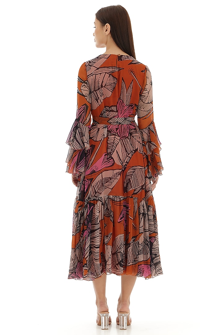 Orange & Beige Chiffon Floral Midi Vacation Dress by Koai at Pernia's Pop Up Shop