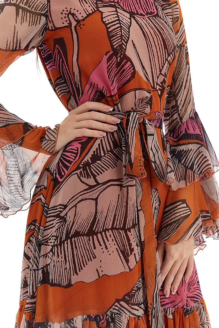 Orange & Beige Chiffon Floral Midi Vacation Dress by Koai at Pernia's Pop Up Shop