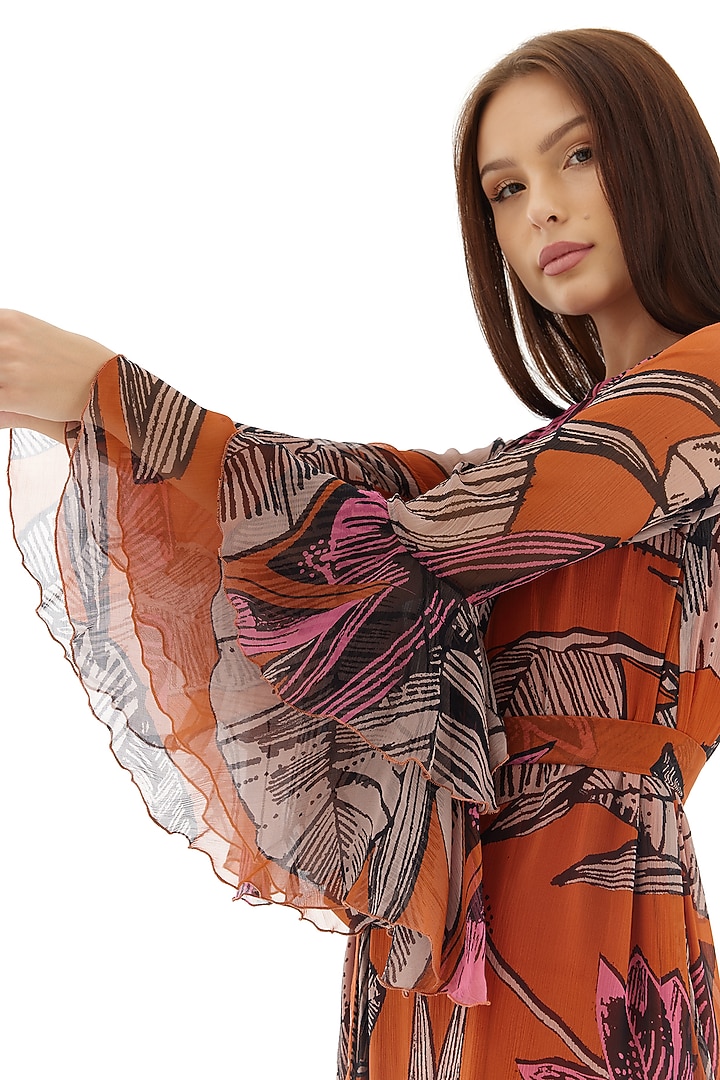 Orange & Beige Chiffon Floral Midi Vacation Dress by Koai at Pernia's Pop Up Shop