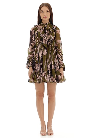 Green & Pink Chiffon Floral Mini Dress by Koai