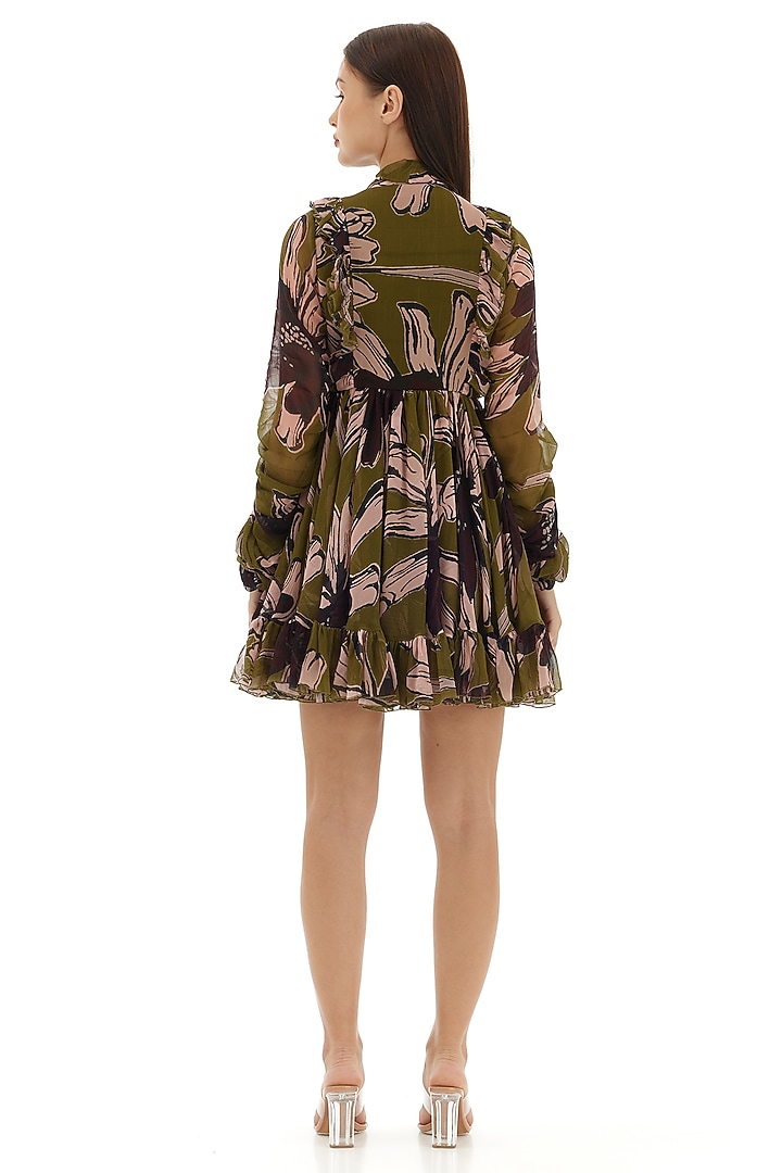 Green & Pink Chiffon Floral Mini Vacation Dress by Koai at Pernia's Pop Up Shop