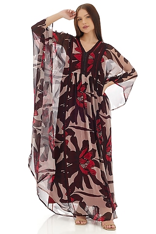 Beige & Brown Chiffon Floral Kaftan by Koai