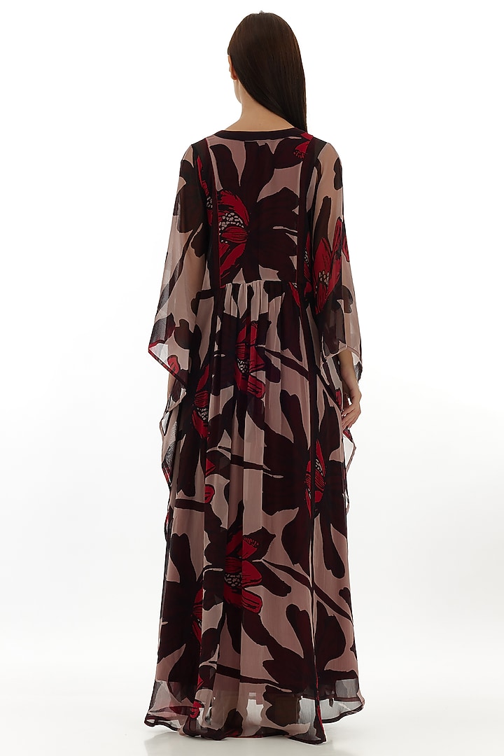 Beige & Brown Chiffon Floral Kaftan by Koai at Pernia's Pop Up Shop