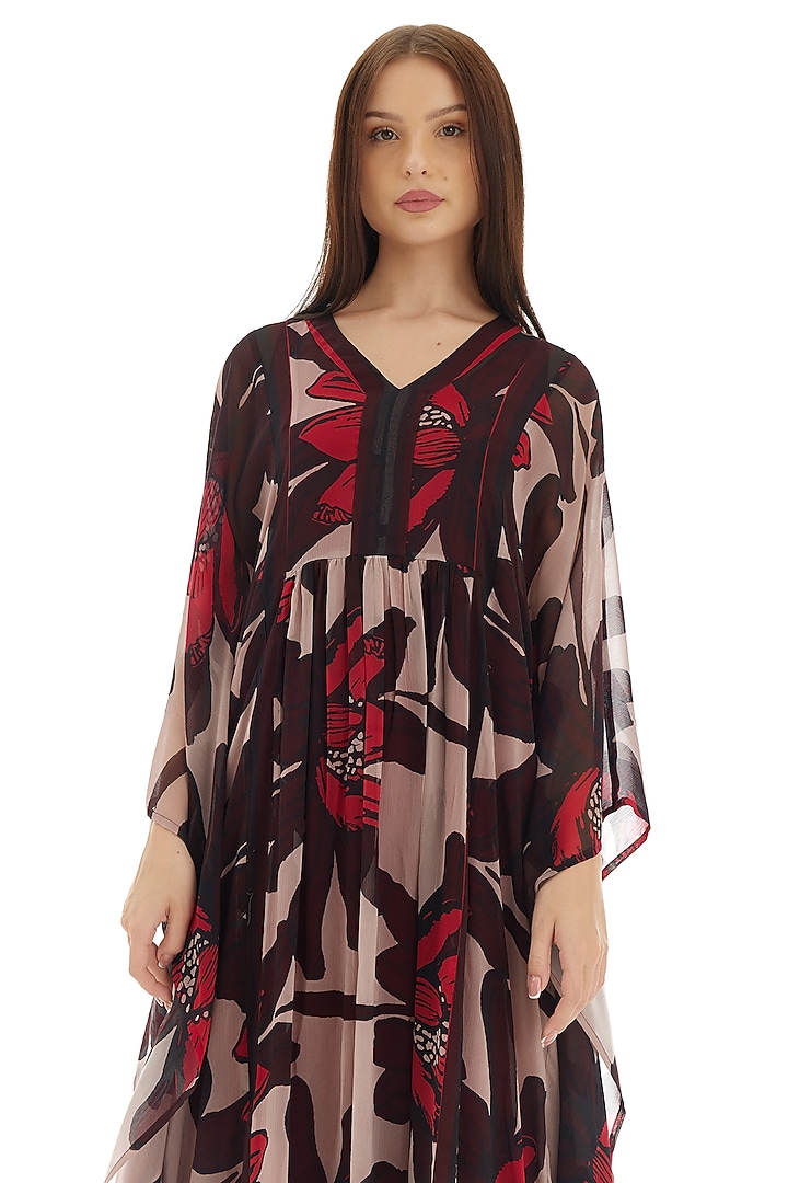 Beige & Brown Chiffon Floral Kaftan by Koai at Pernia's Pop Up Shop