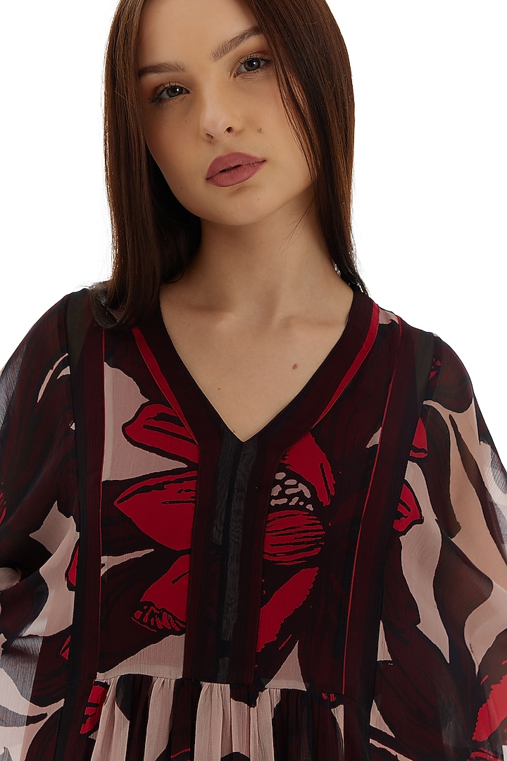 Beige & Brown Chiffon Floral Kaftan by Koai at Pernia's Pop Up Shop